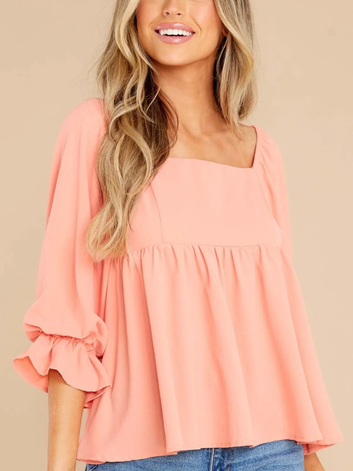 Smocked Square Neck Flounce Sleeve Blouse (2 Colors)