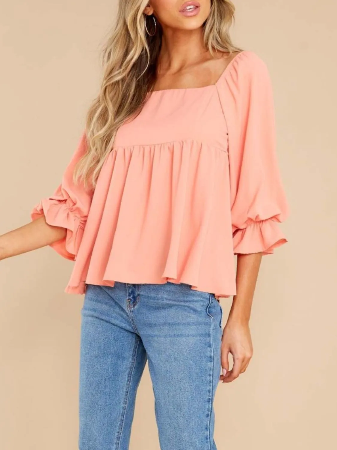 Smocked Square Neck Flounce Sleeve Blouse (2 Colors)
