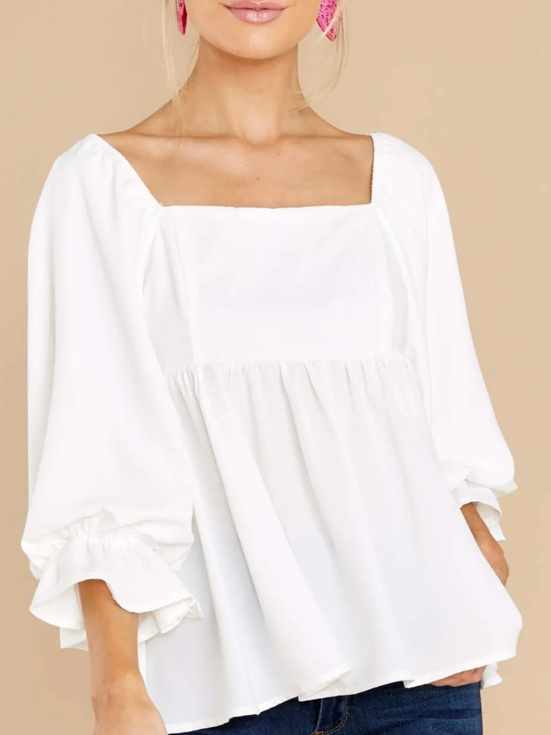 Smocked Square Neck Flounce Sleeve Blouse (2 Colors)