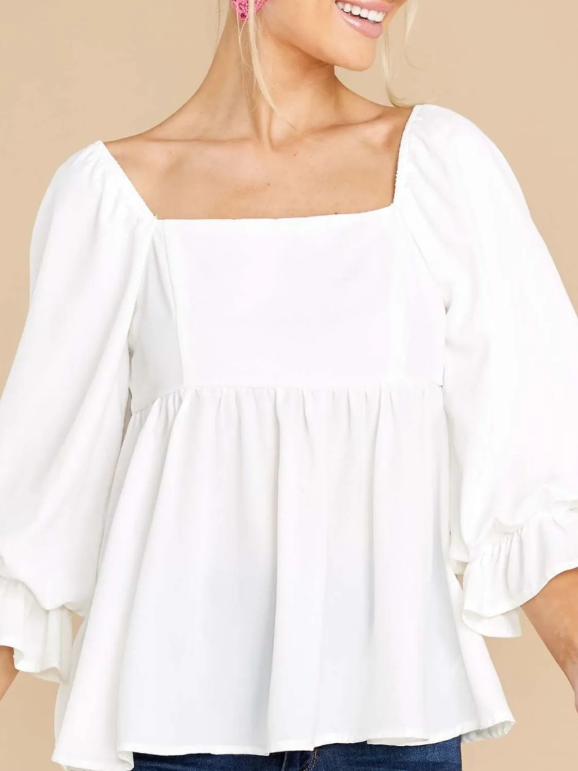 Smocked Square Neck Flounce Sleeve Blouse (2 Colors)