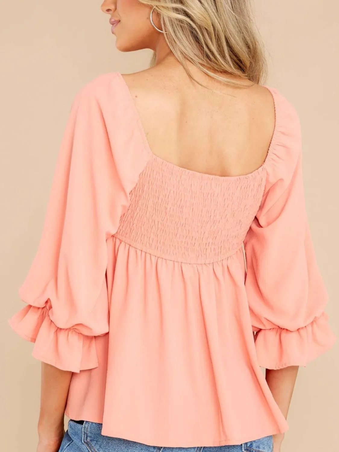 Smocked Square Neck Flounce Sleeve Blouse (2 Colors)