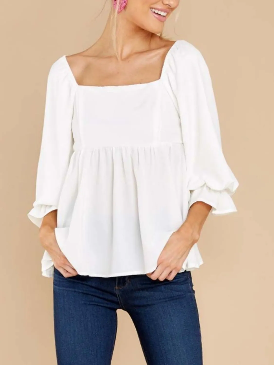 Smocked Square Neck Flounce Sleeve Blouse (2 Colors)