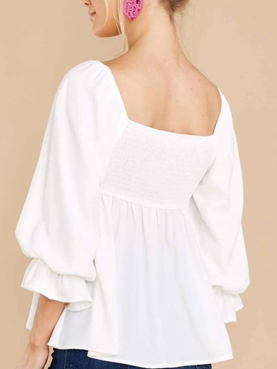 Smocked Square Neck Flounce Sleeve Blouse (2 Colors)