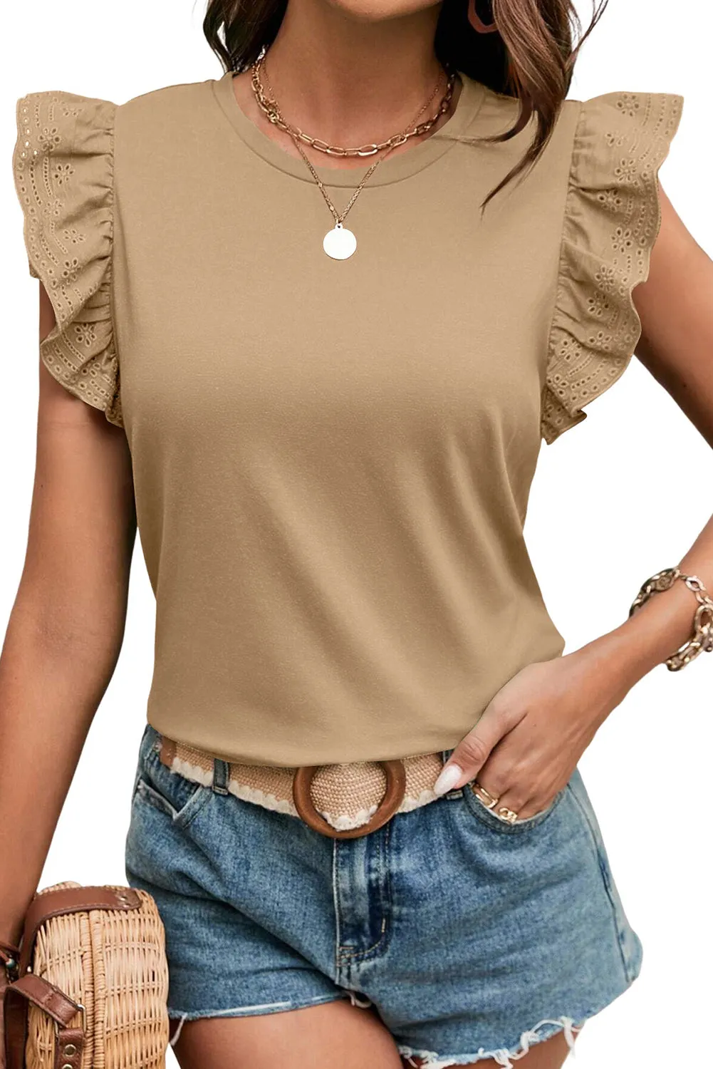Smoke Gray Embroidered Ruffled Sleeve Slim Fit Crew Neck Top