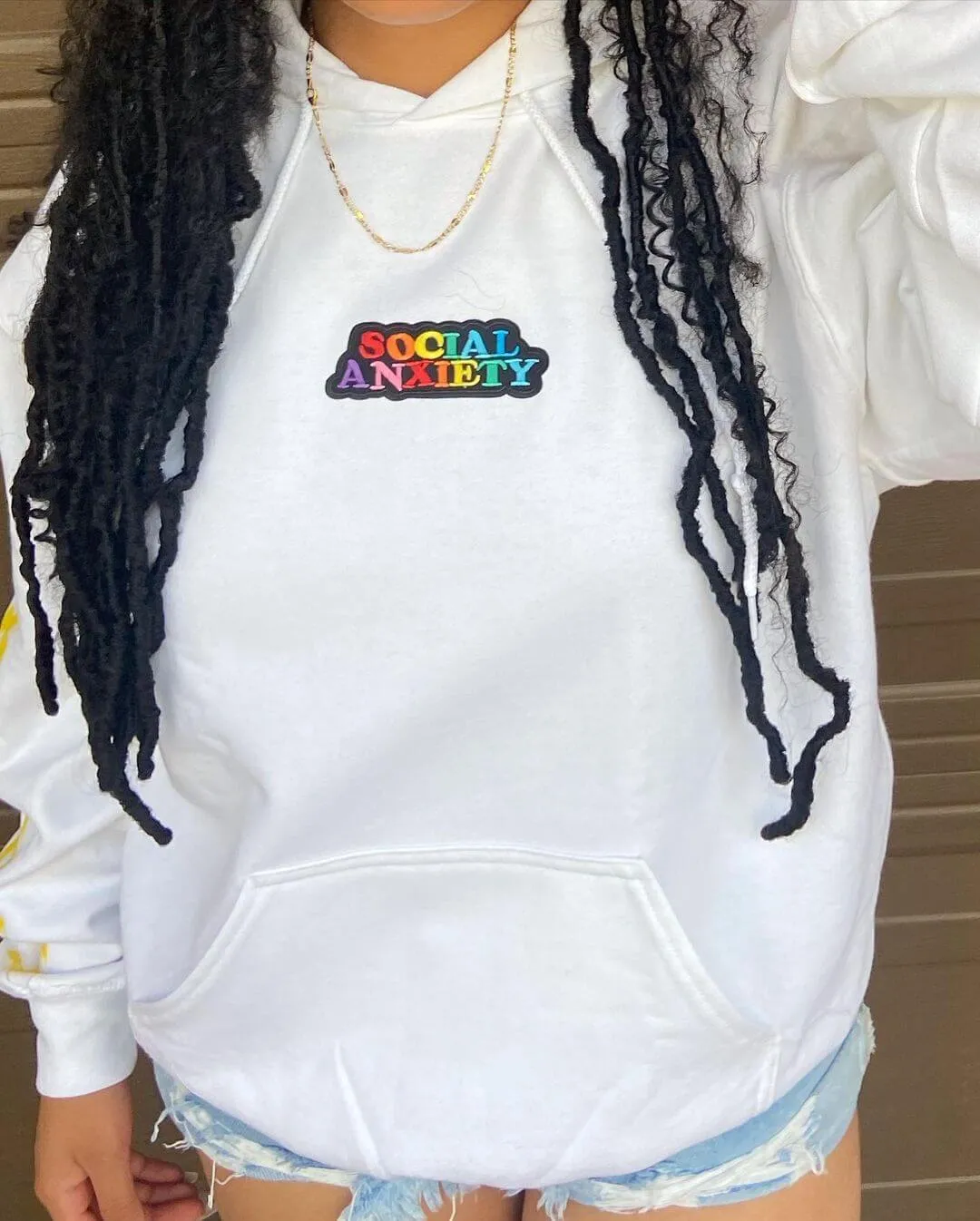 Social Anxiety | White Hoodie (Yellow Checkered Drippin Sleeves)
