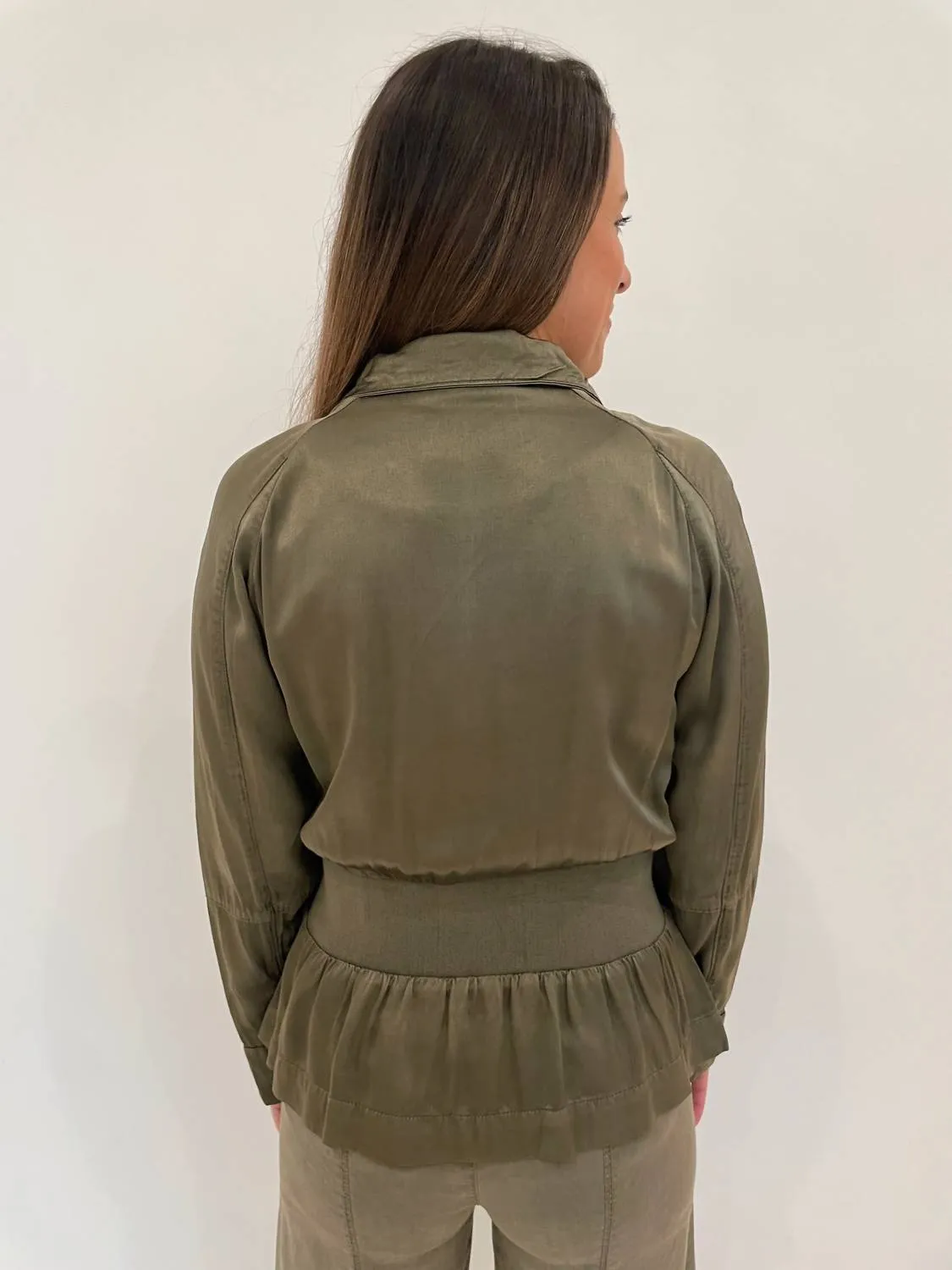 Solara Viscose Satin Peplum Jacket In Oregano