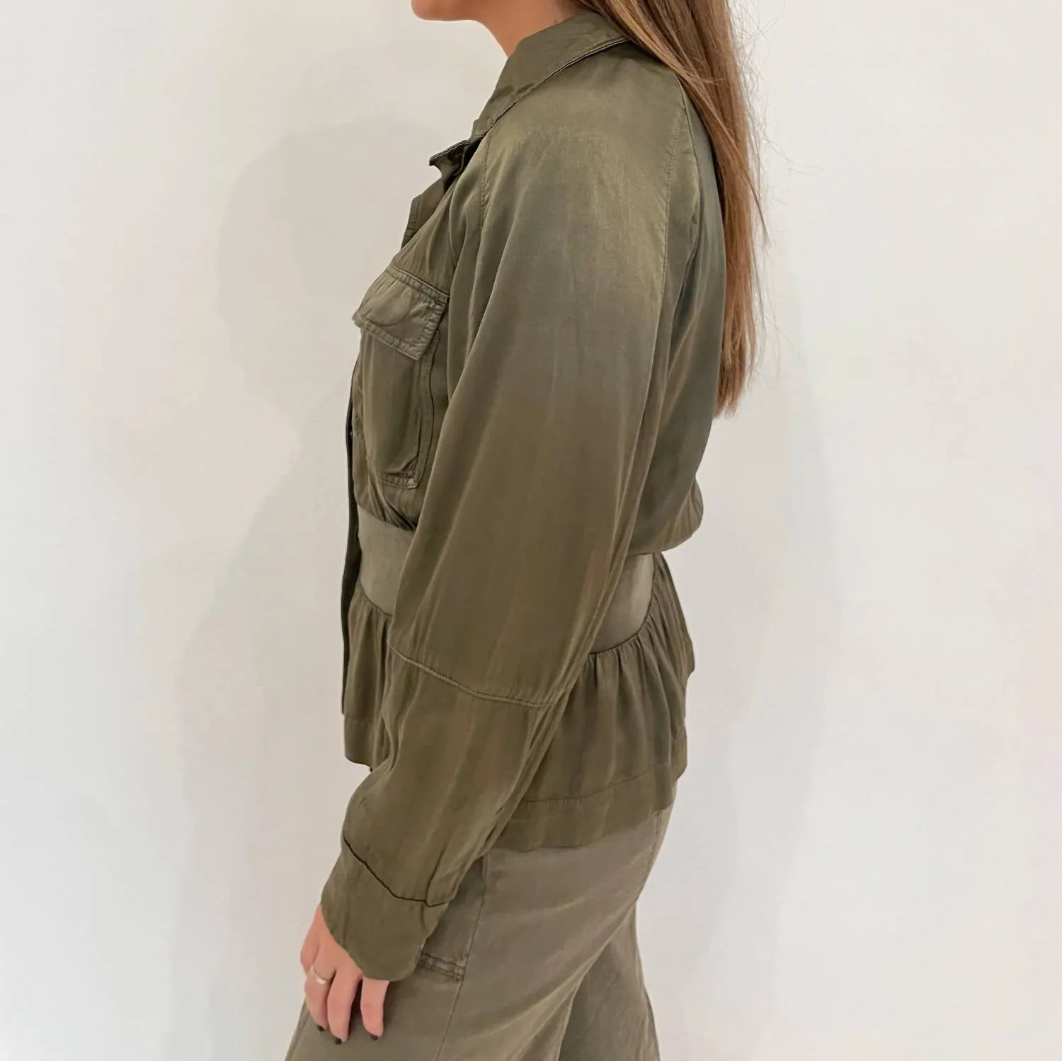 Solara Viscose Satin Peplum Jacket In Oregano