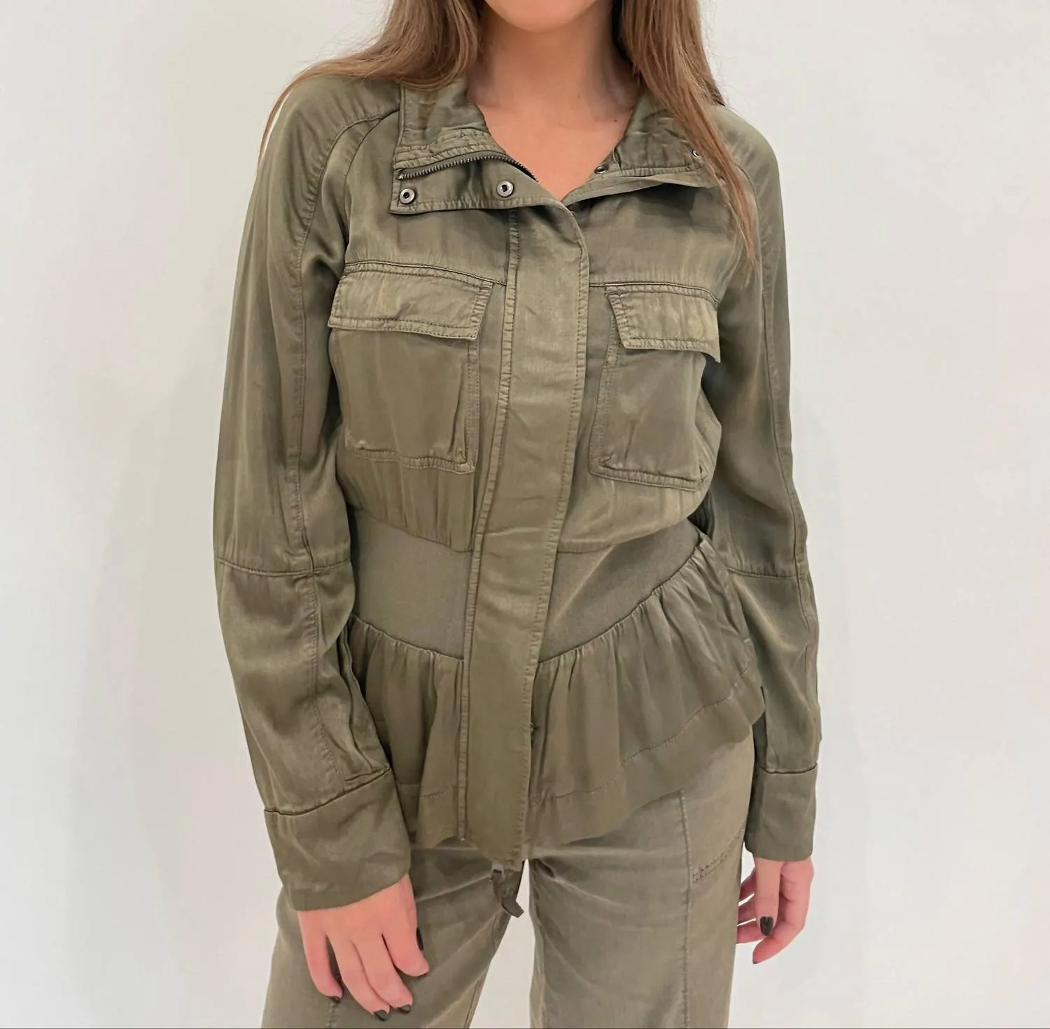 Solara Viscose Satin Peplum Jacket In Oregano