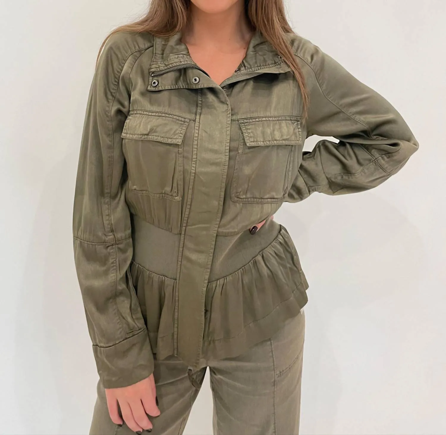 Solara Viscose Satin Peplum Jacket In Oregano