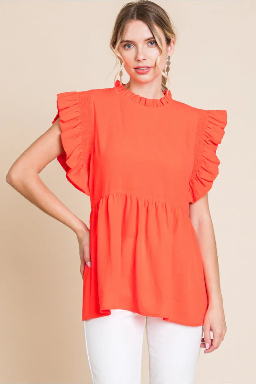 Solid Baby Doll Top W/Frilled Neck
