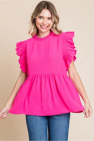 Solid Baby Doll Top W/Frilled Neck