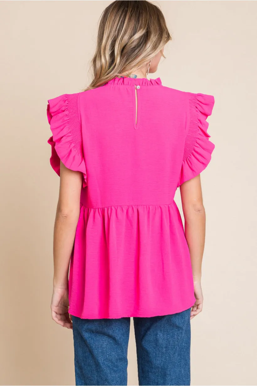 Solid Baby Doll Top W/Frilled Neck