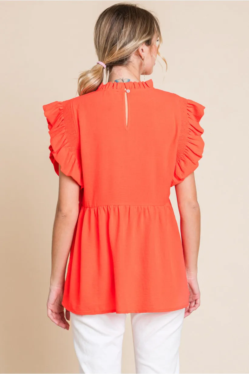 Solid Baby Doll Top W/Frilled Neck