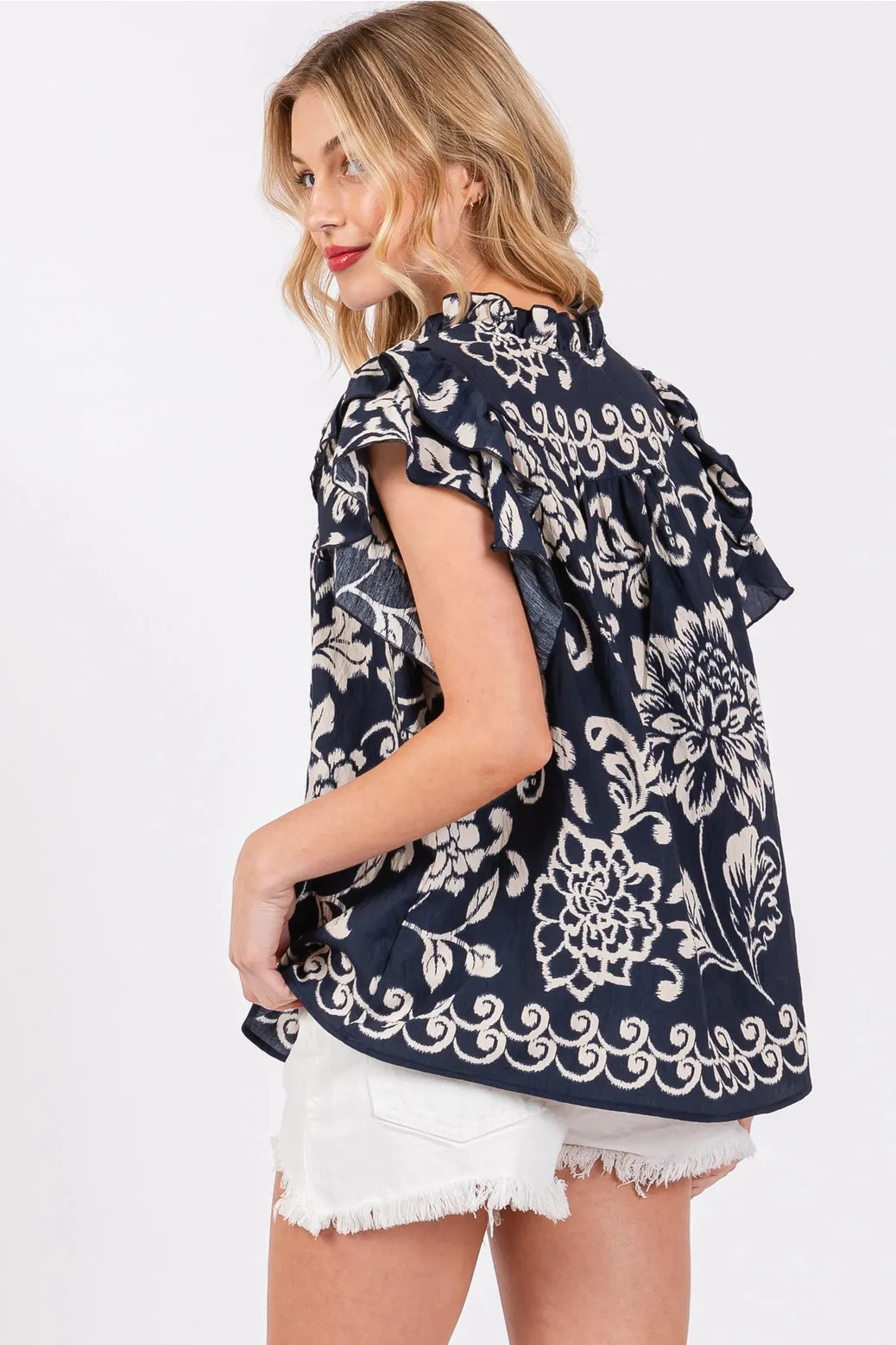 Solid Floral Ruffled V-Neck Blouse Navy