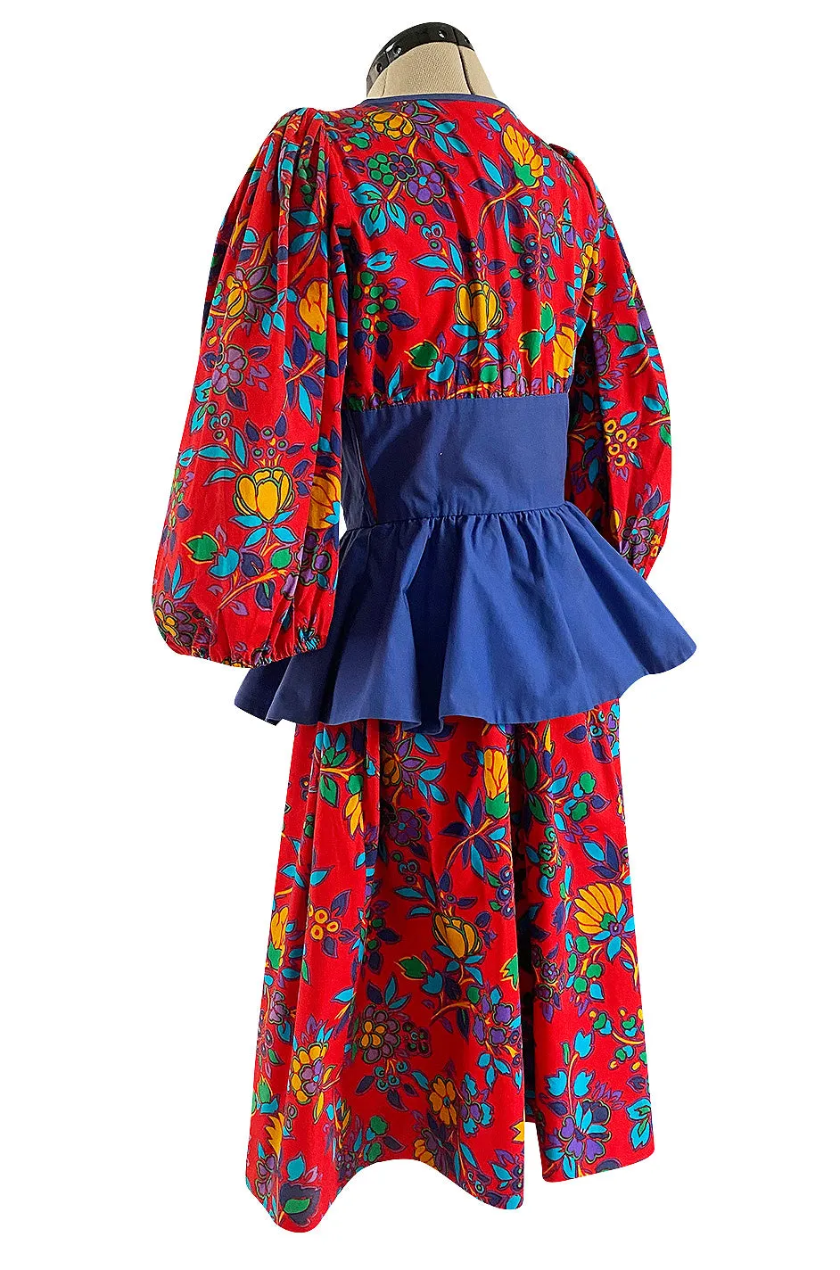 Spring 1983 Yves Saint Laurent Red Floral Print Balloon Sleeve Dress w Corset Waist & Peplum