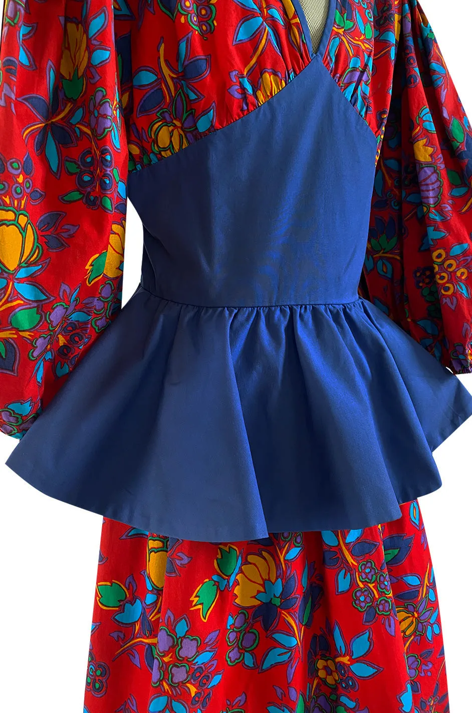 Spring 1983 Yves Saint Laurent Red Floral Print Balloon Sleeve Dress w Corset Waist & Peplum