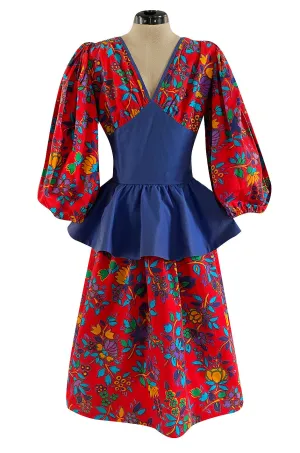 Spring 1983 Yves Saint Laurent Red Floral Print Balloon Sleeve Dress w Corset Waist & Peplum