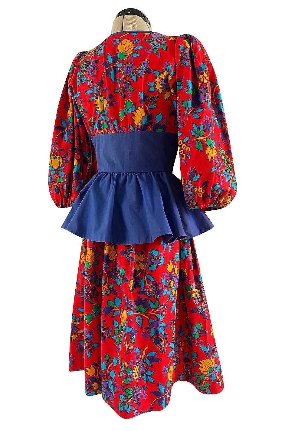 Spring 1983 Yves Saint Laurent Red Floral Print Balloon Sleeve Dress w Corset Waist & Peplum