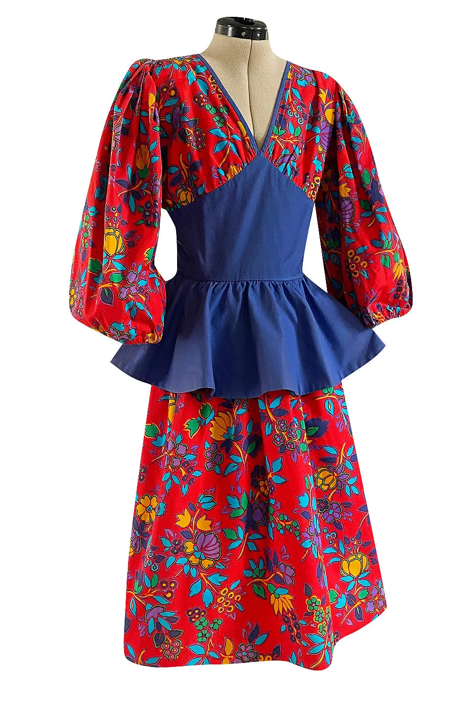 Spring 1983 Yves Saint Laurent Red Floral Print Balloon Sleeve Dress w Corset Waist & Peplum