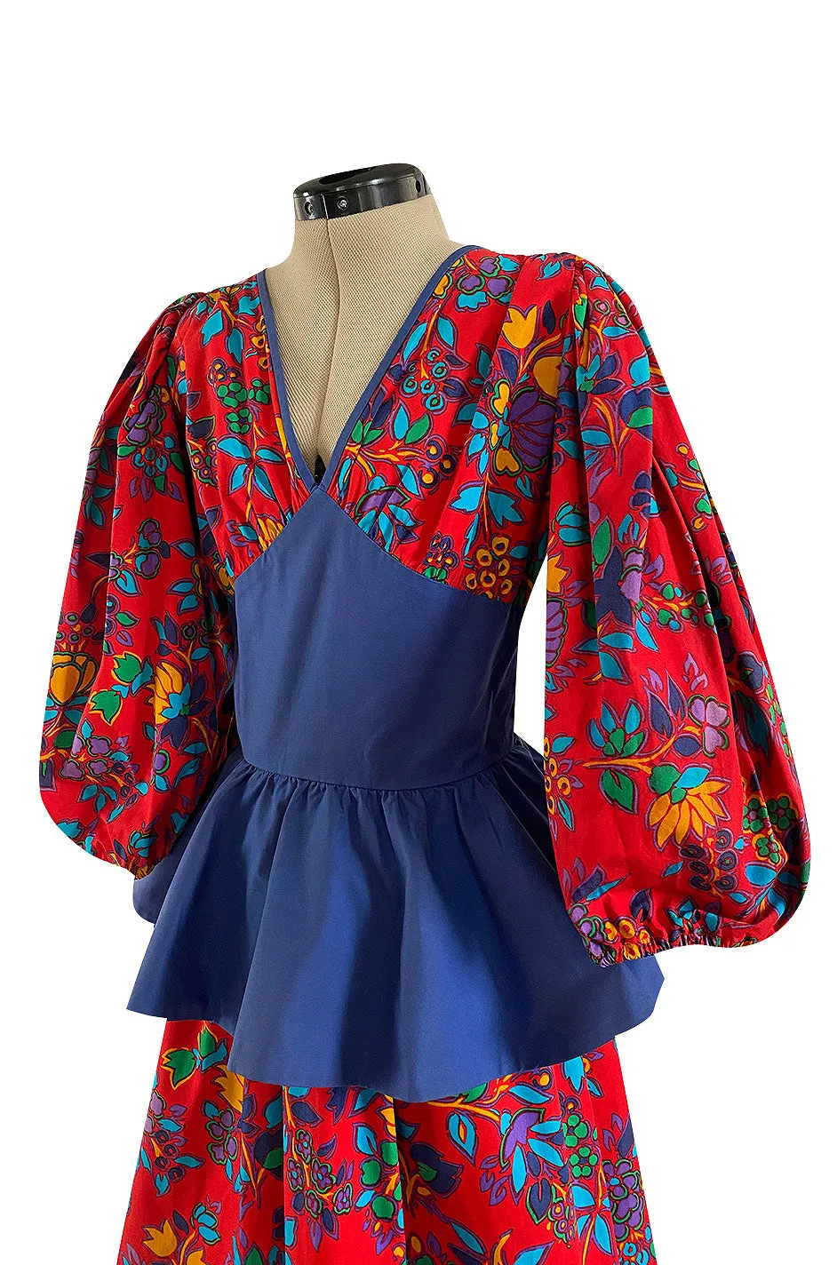 Spring 1983 Yves Saint Laurent Red Floral Print Balloon Sleeve Dress w Corset Waist & Peplum