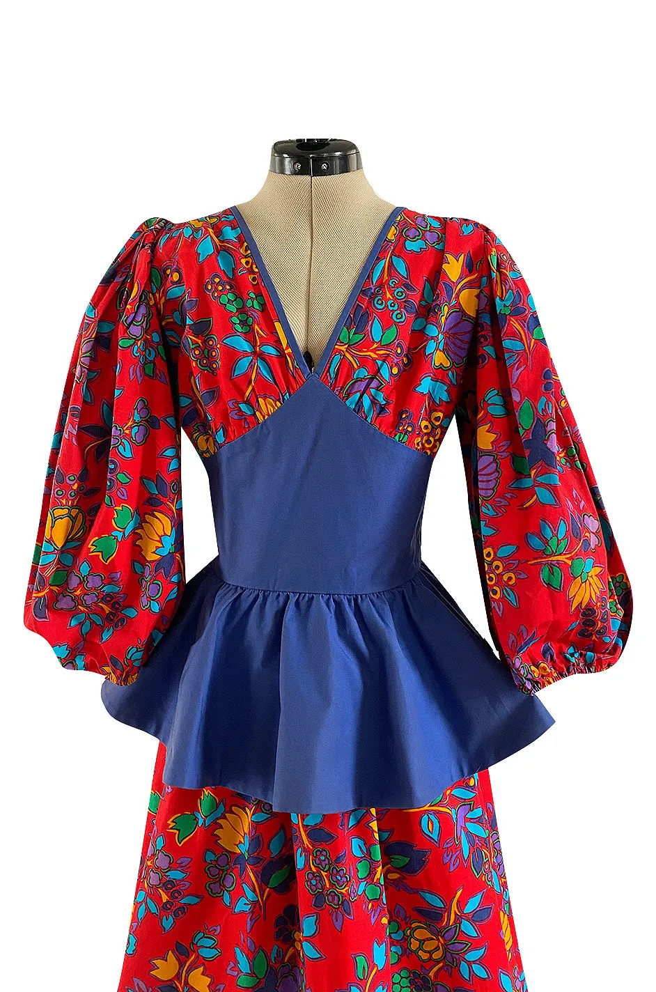 Spring 1983 Yves Saint Laurent Red Floral Print Balloon Sleeve Dress w Corset Waist & Peplum