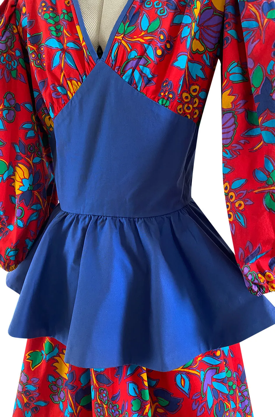 Spring 1983 Yves Saint Laurent Red Floral Print Balloon Sleeve Dress w Corset Waist & Peplum
