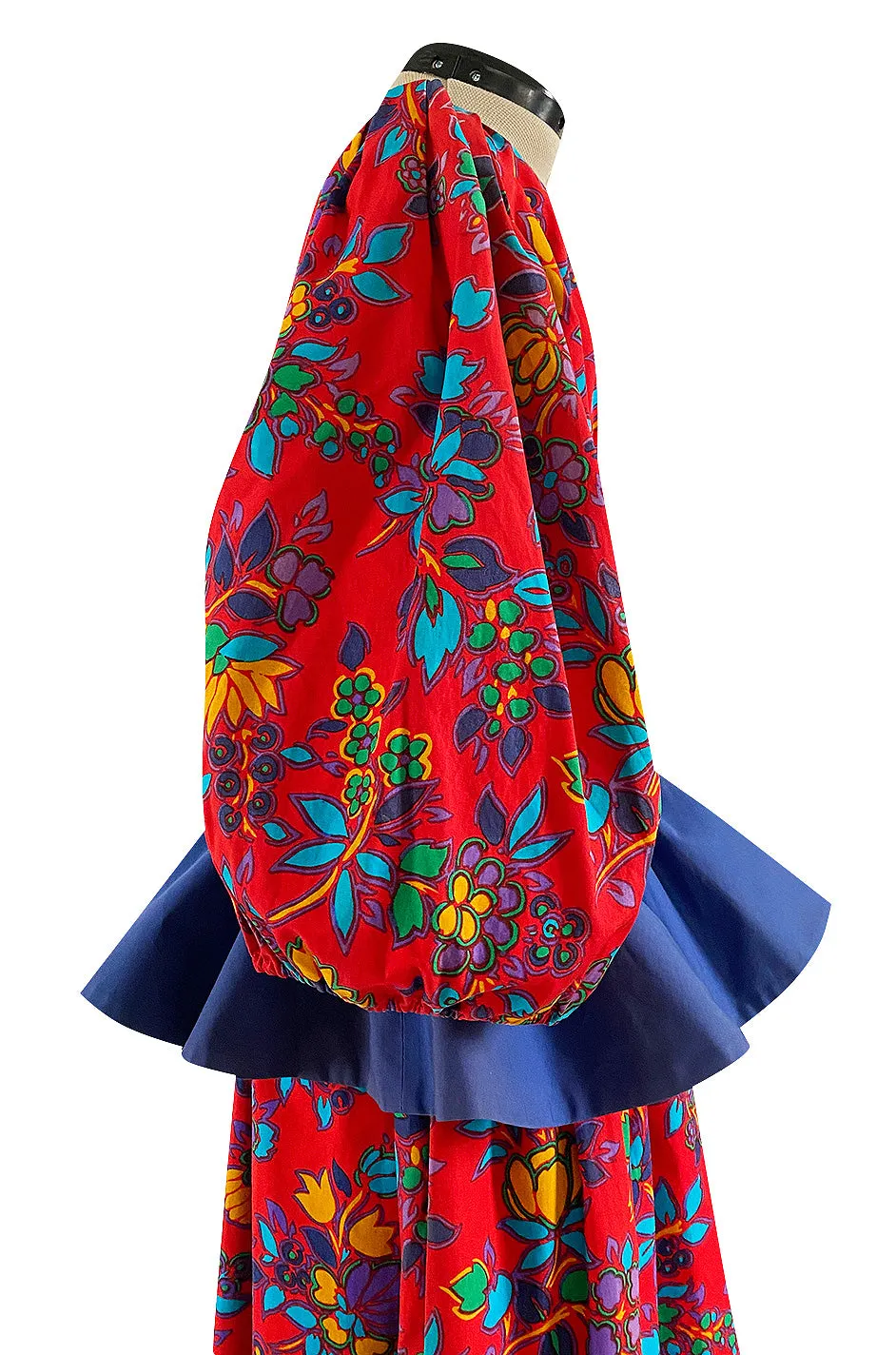 Spring 1983 Yves Saint Laurent Red Floral Print Balloon Sleeve Dress w Corset Waist & Peplum