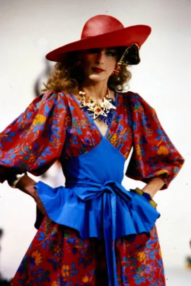 Spring 1983 Yves Saint Laurent Red Floral Print Balloon Sleeve Dress w Corset Waist & Peplum