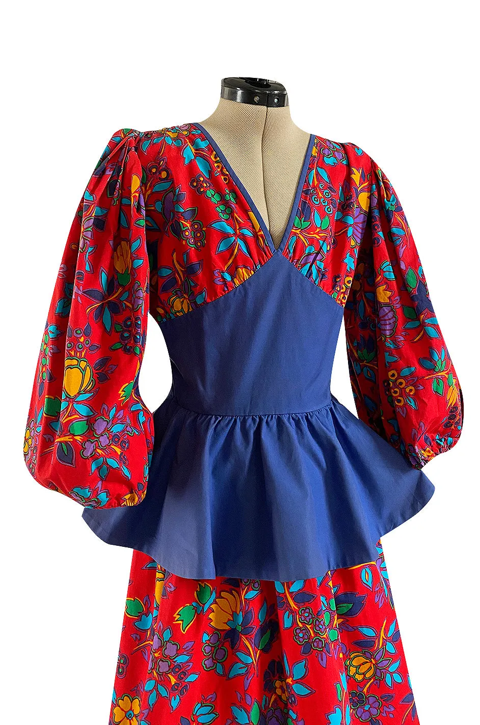 Spring 1983 Yves Saint Laurent Red Floral Print Balloon Sleeve Dress w Corset Waist & Peplum