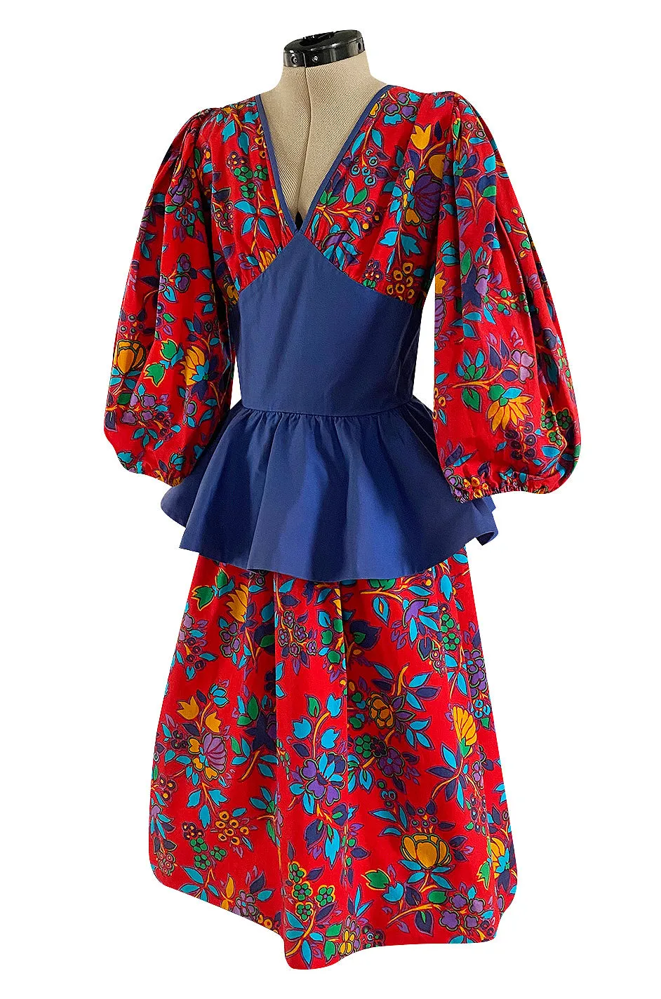 Spring 1983 Yves Saint Laurent Red Floral Print Balloon Sleeve Dress w Corset Waist & Peplum