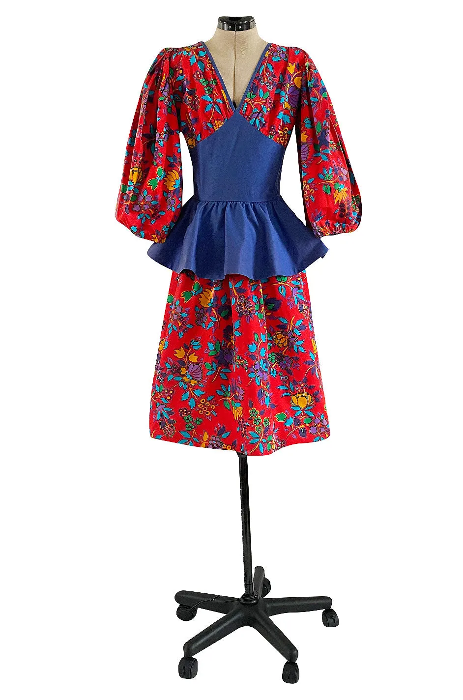 Spring 1983 Yves Saint Laurent Red Floral Print Balloon Sleeve Dress w Corset Waist & Peplum