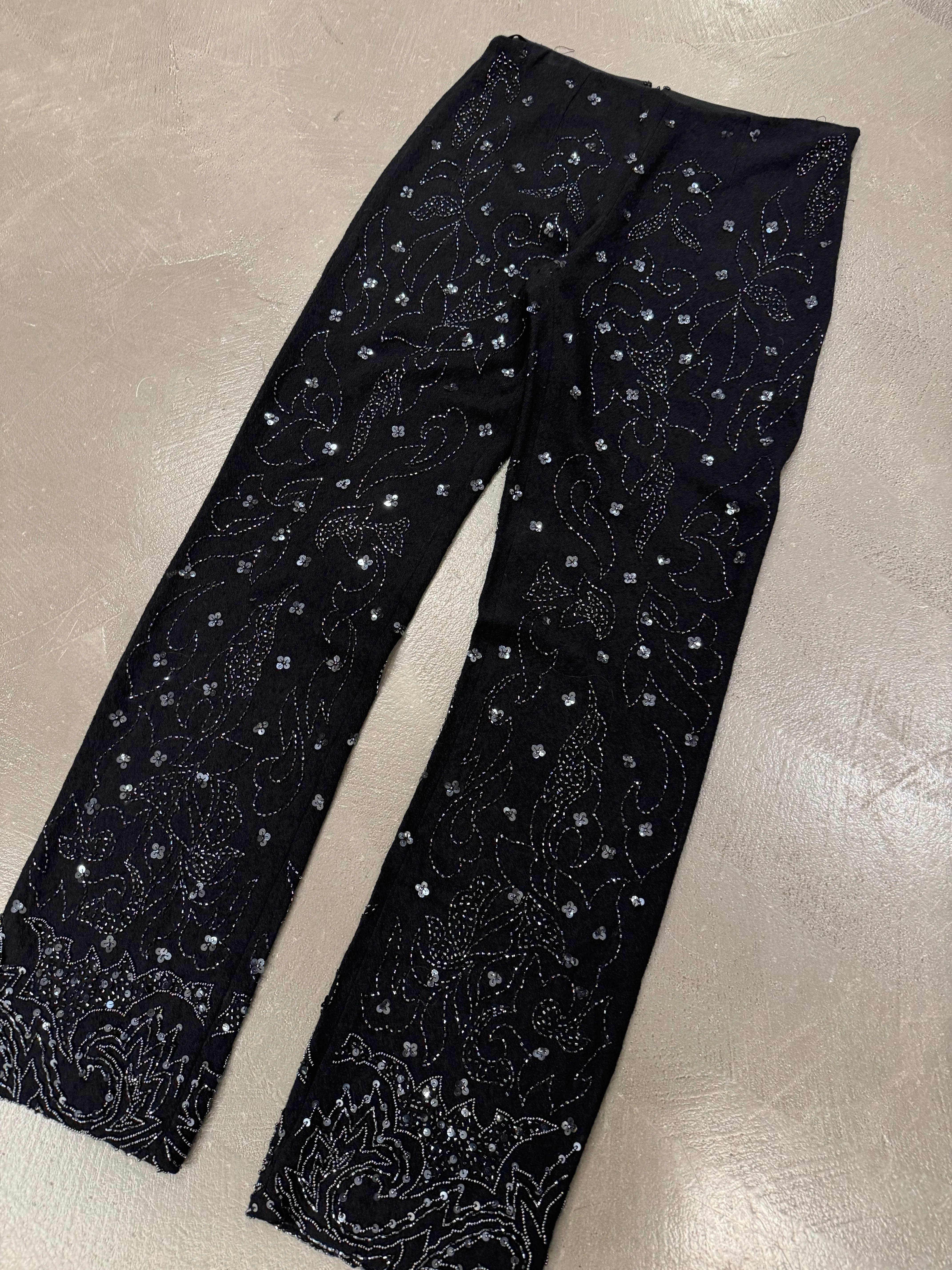S/S 1999 Dolce Gabbana black wool beaded floral embellished pants