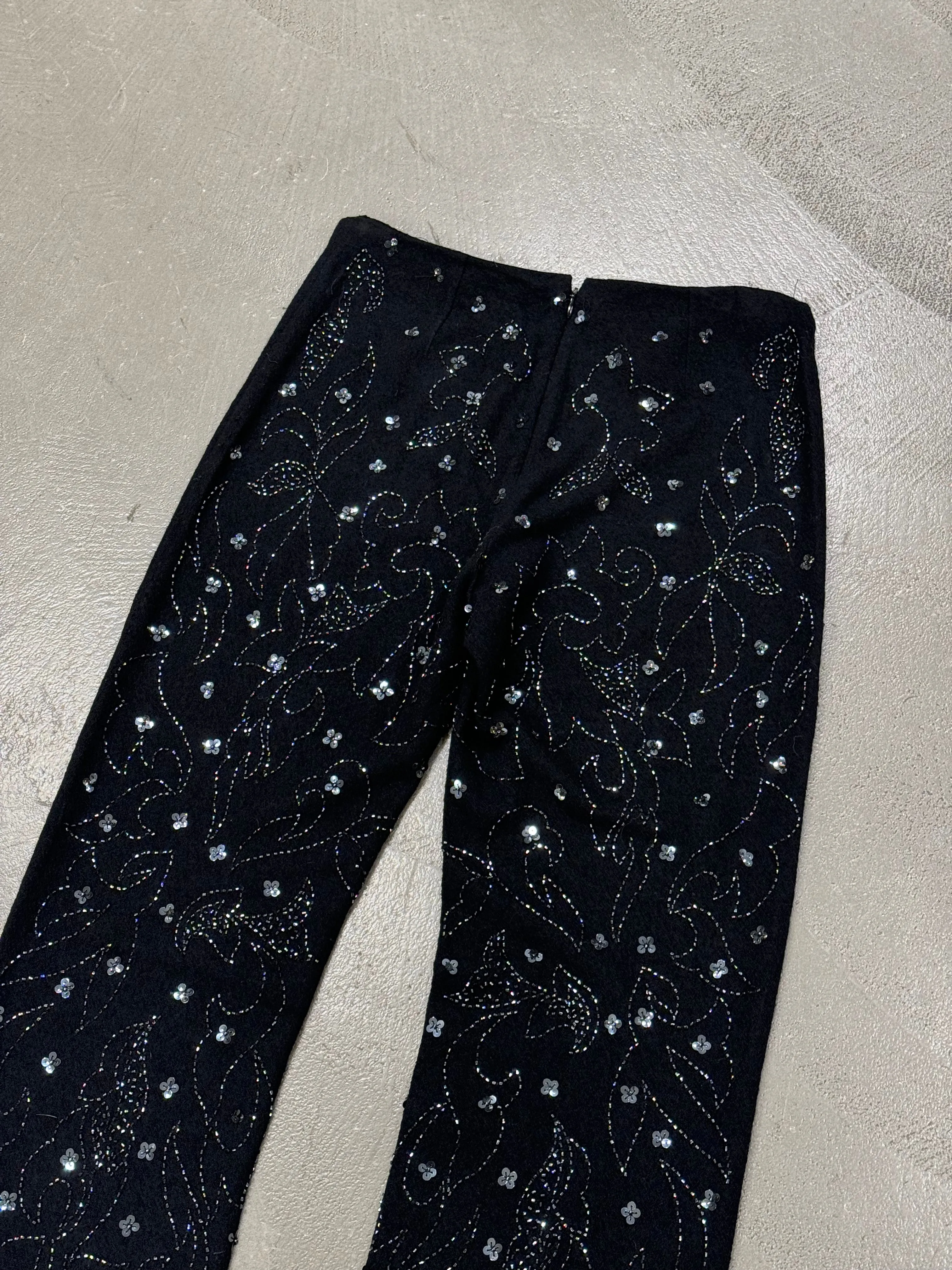 S/S 1999 Dolce Gabbana black wool beaded floral embellished pants