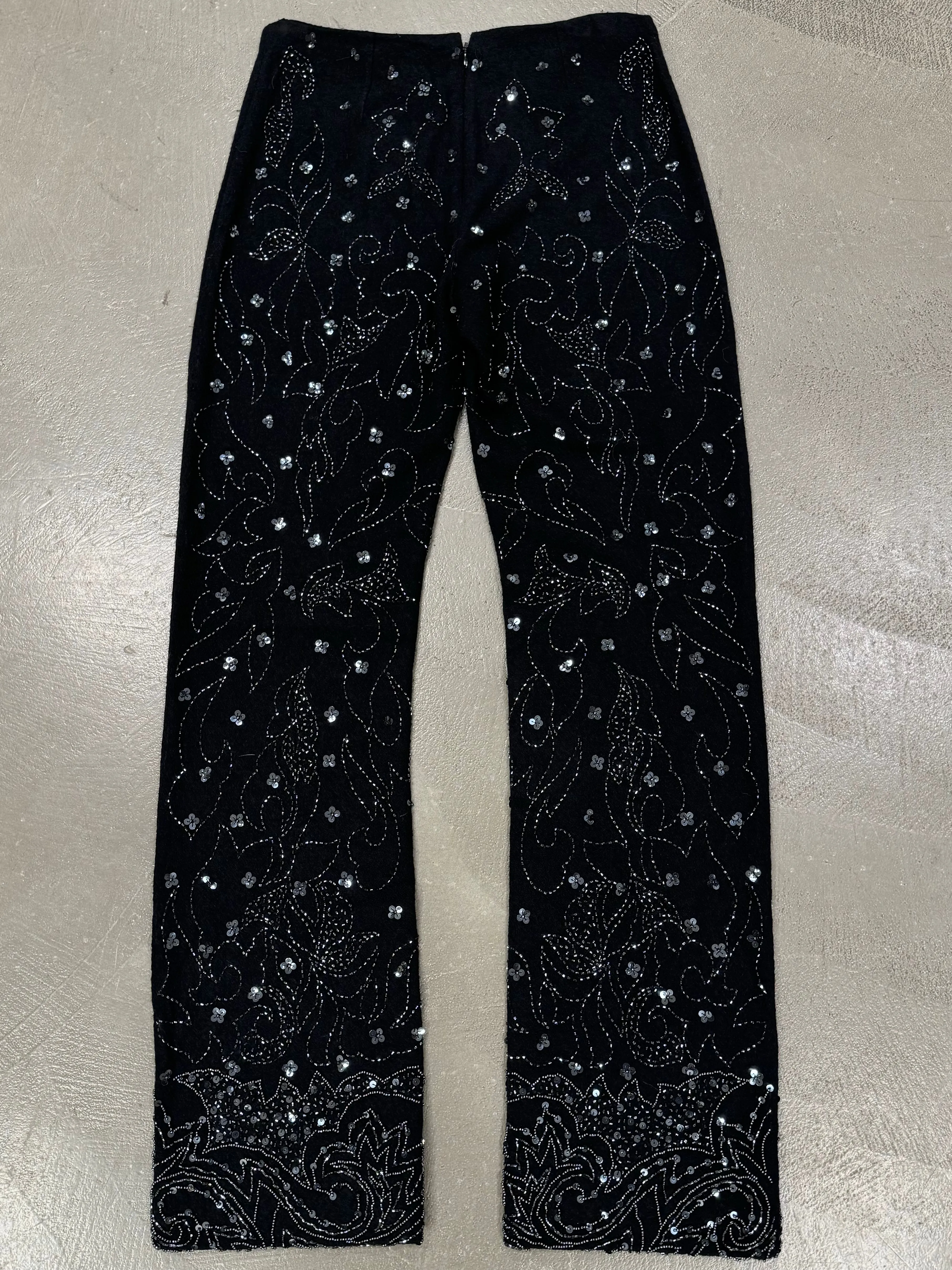 S/S 1999 Dolce Gabbana black wool beaded floral embellished pants
