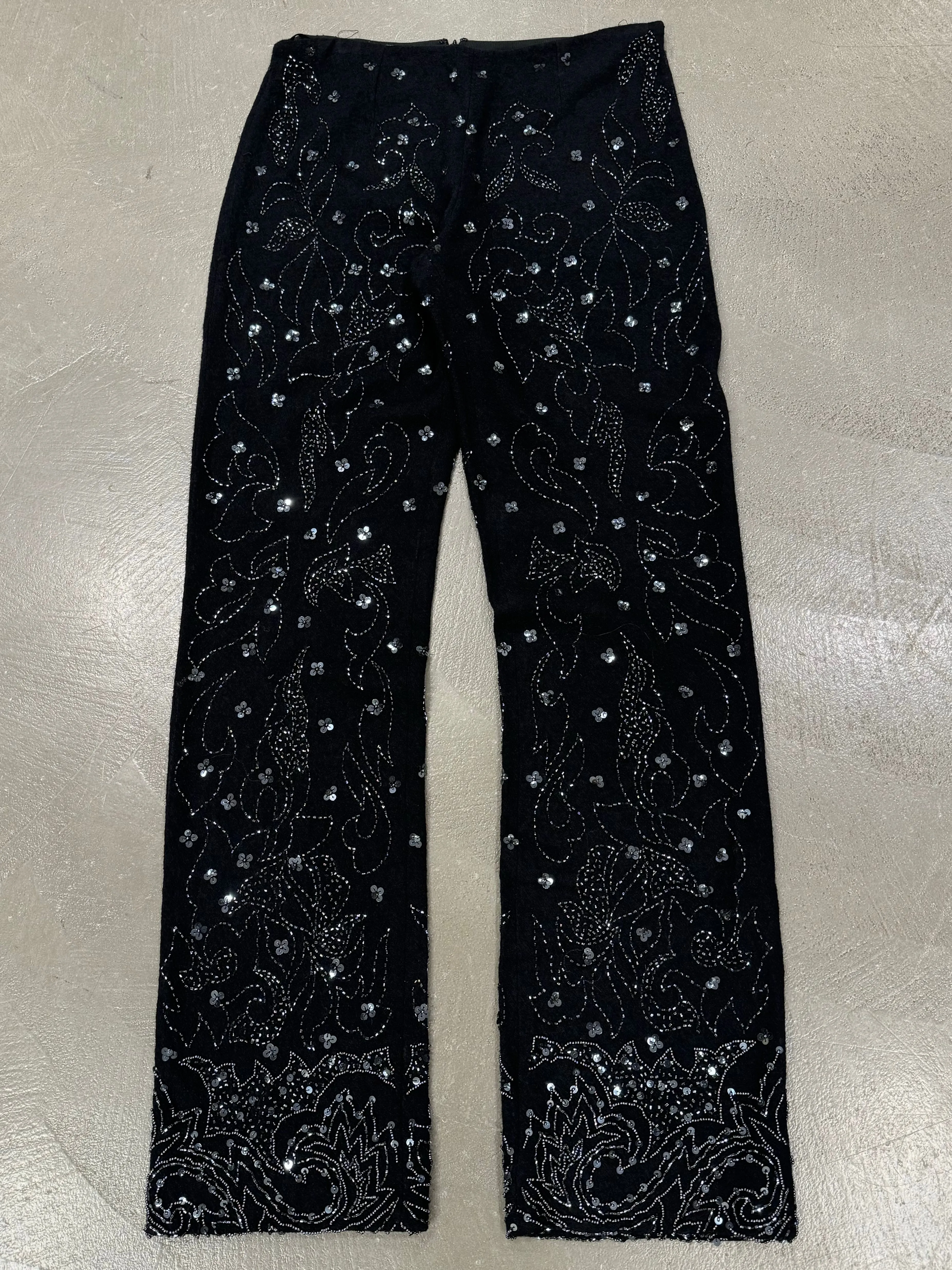 S/S 1999 Dolce Gabbana black wool beaded floral embellished pants