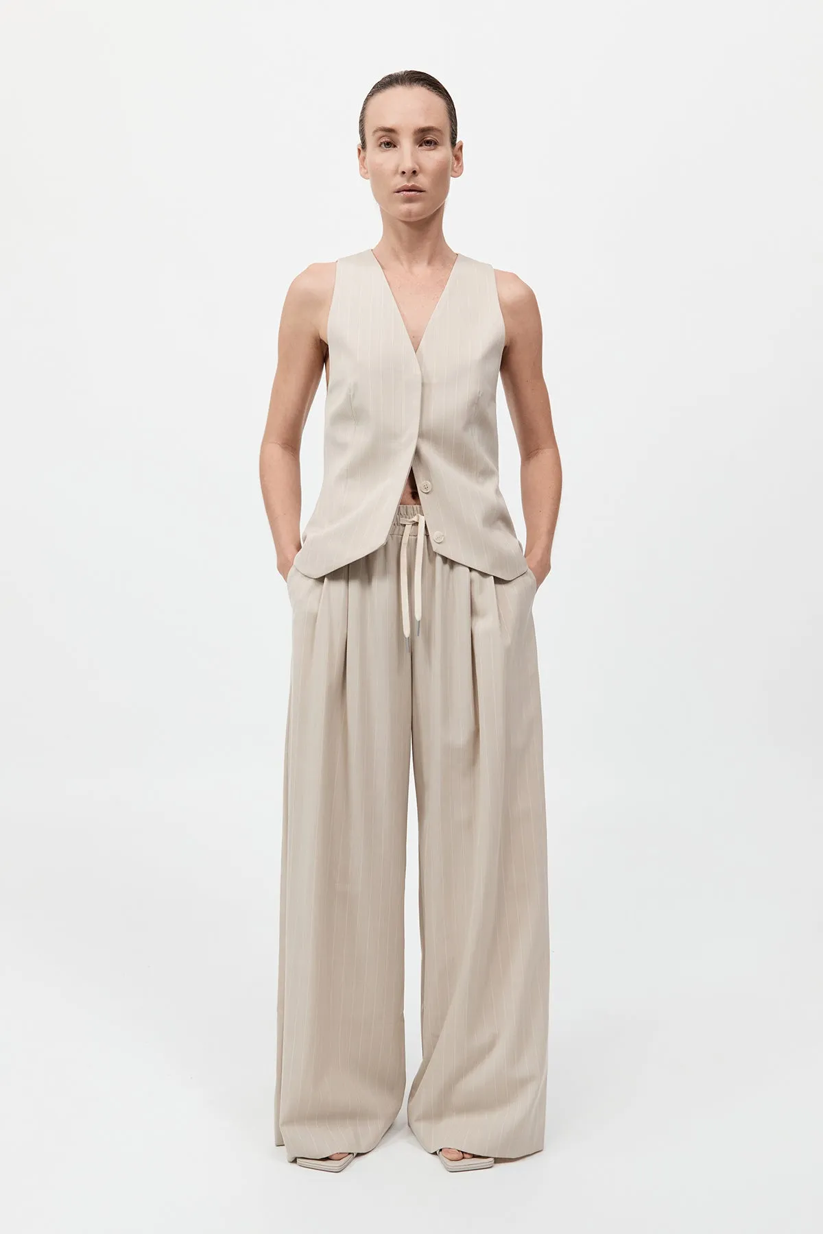 St. Agni - Pinstripe Wool Drawstring Pants - Latte