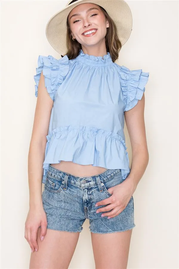 Staccato Ruffled Sleeve Peplum Cropped Top In Sky Blue