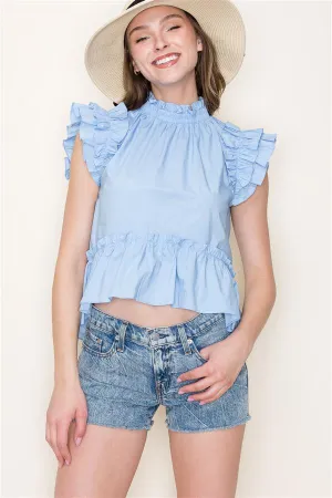 Staccato Ruffled Sleeve Peplum Cropped Top In Sky Blue