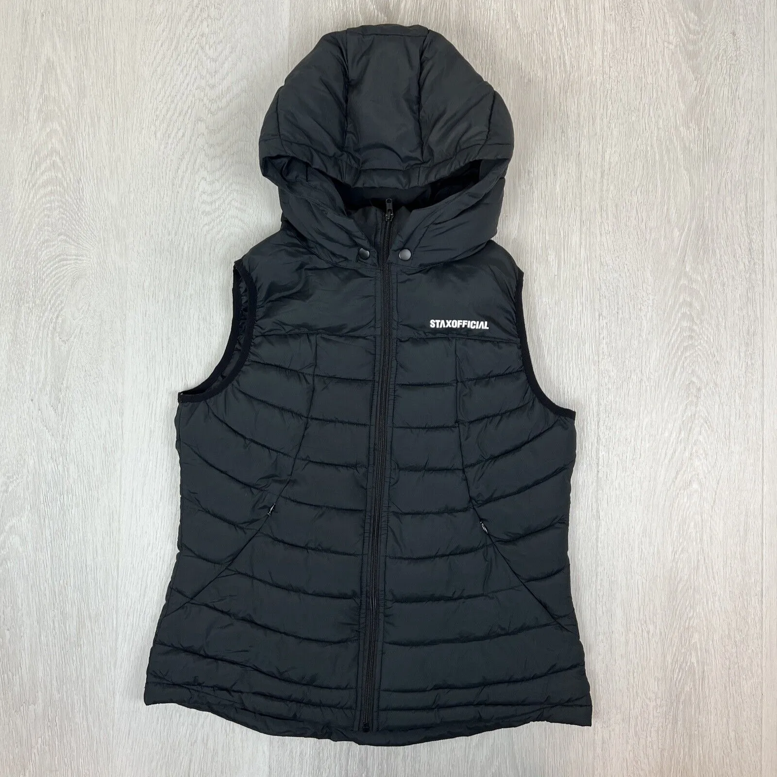 Stax. Womens Black Puffer Vest Size Small Removable Hood