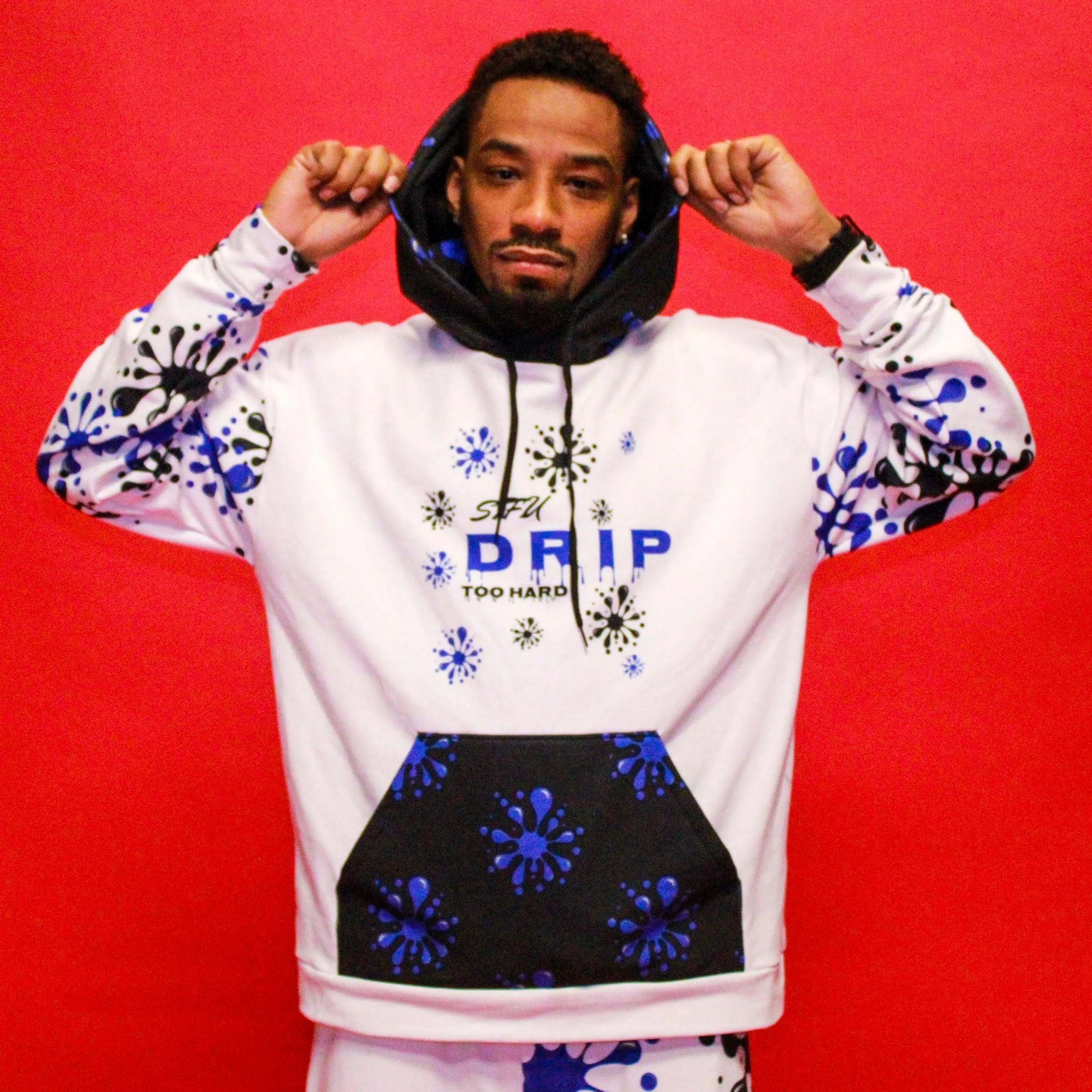 STFU Drip Too Hard Hoodie - Blue & Black on White