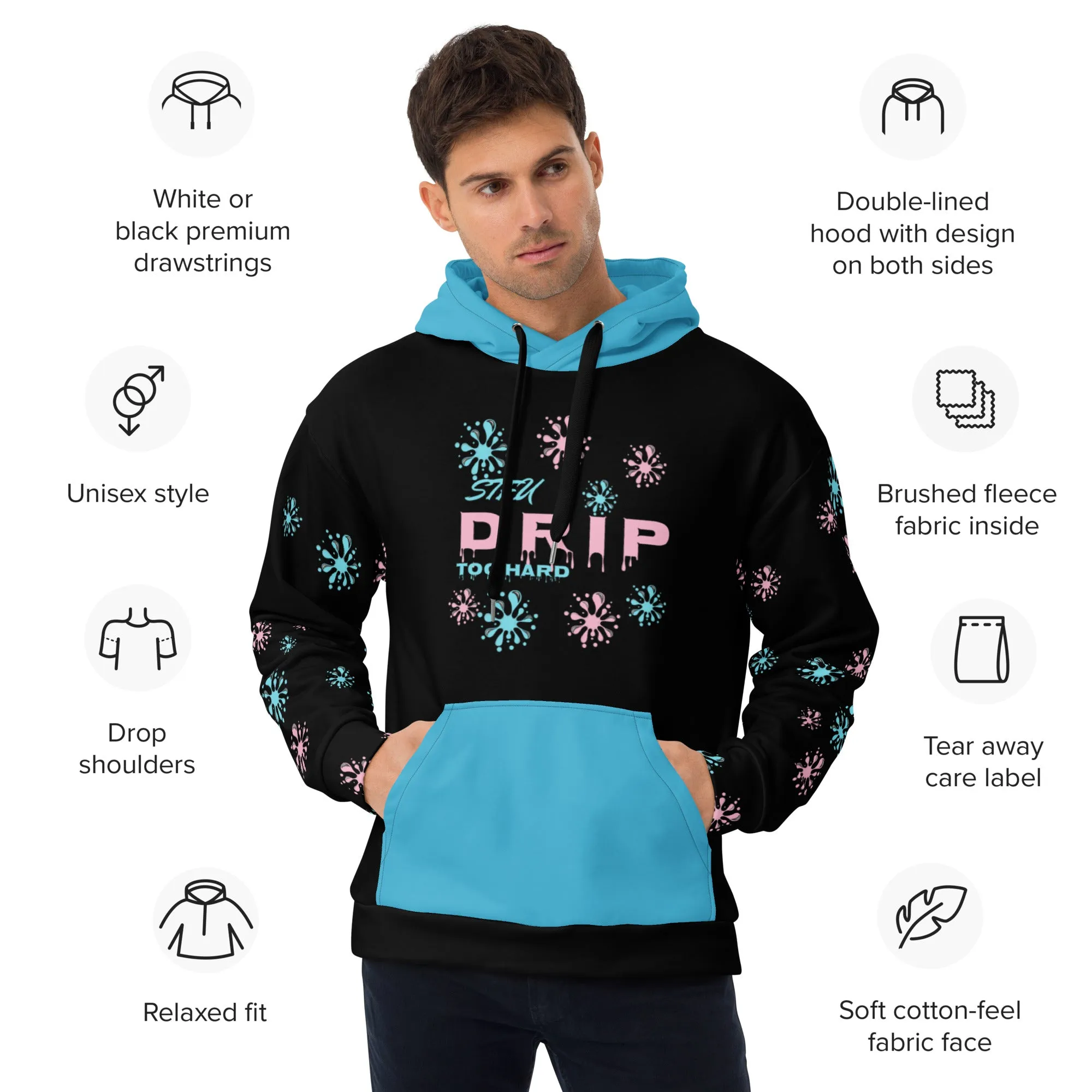STFU Drip Too Hard Hoodie - Pink & Extra Blue on Black