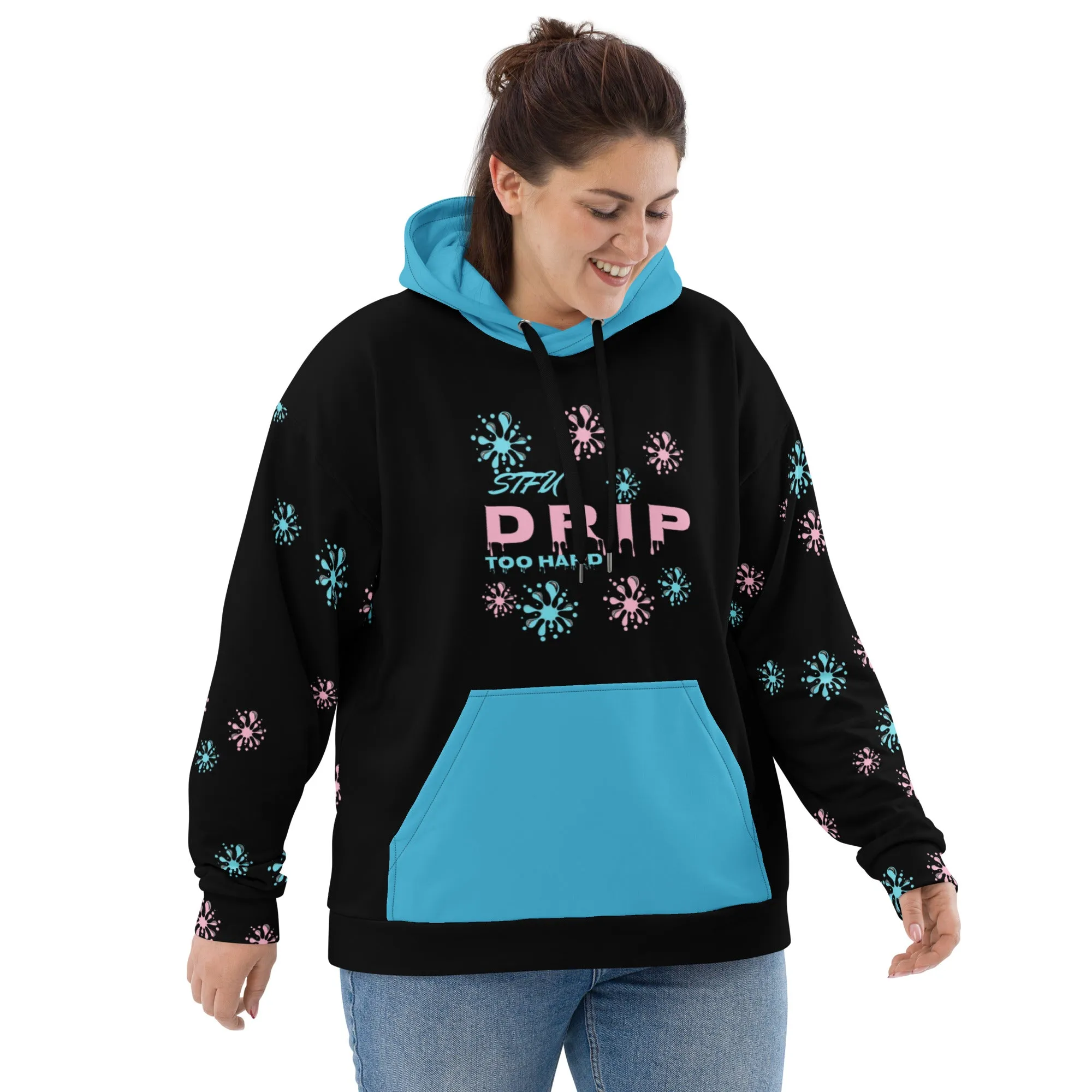 STFU Drip Too Hard Hoodie - Pink & Extra Blue on Black