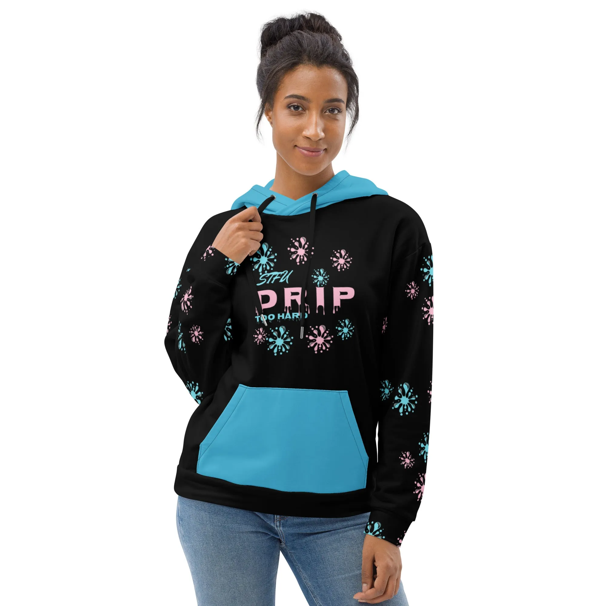 STFU Drip Too Hard Hoodie - Pink & Extra Blue on Black