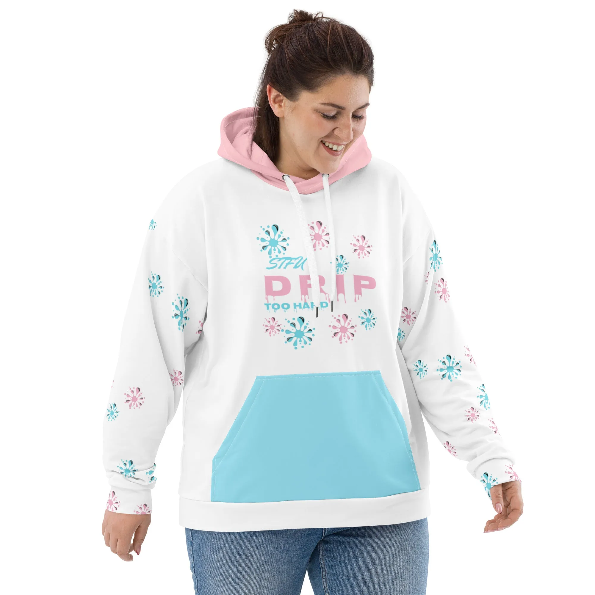 STFU Drip Too Hard Hoodie - Pink & Extra Blue on White