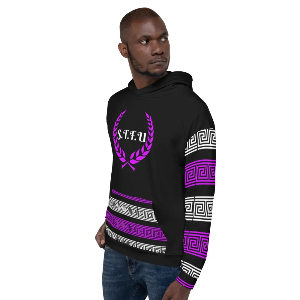 STFU Greek Hoodie - Purple & White on Black