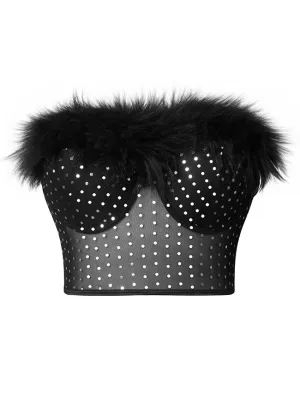 Strapless Feather Sequin Mesh Bustier Crop Top Push Up Tube Top