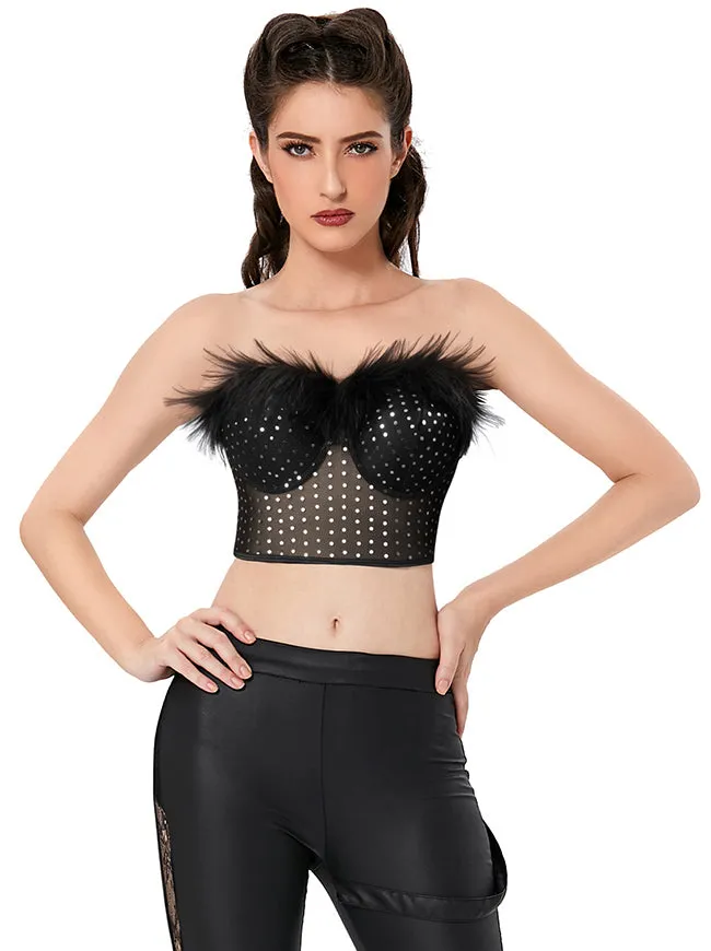 Strapless Feather Sequin Mesh Bustier Crop Top Push Up Tube Top