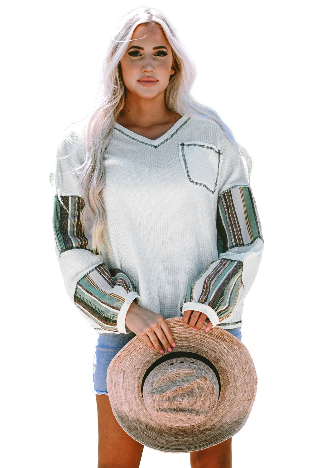 Striped Exposed Seam Waffle Knit Top