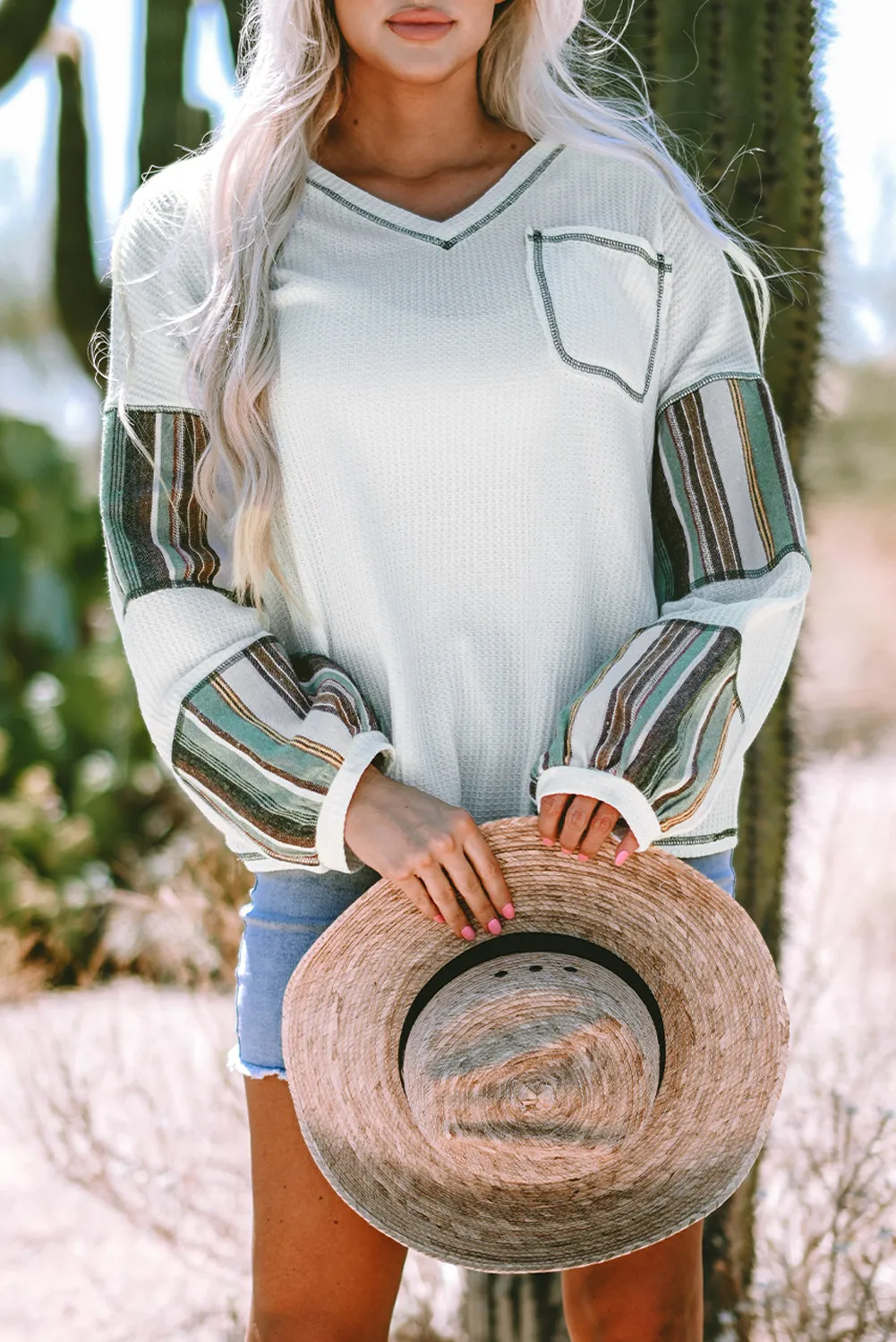 Striped Exposed Seam Waffle Knit Top