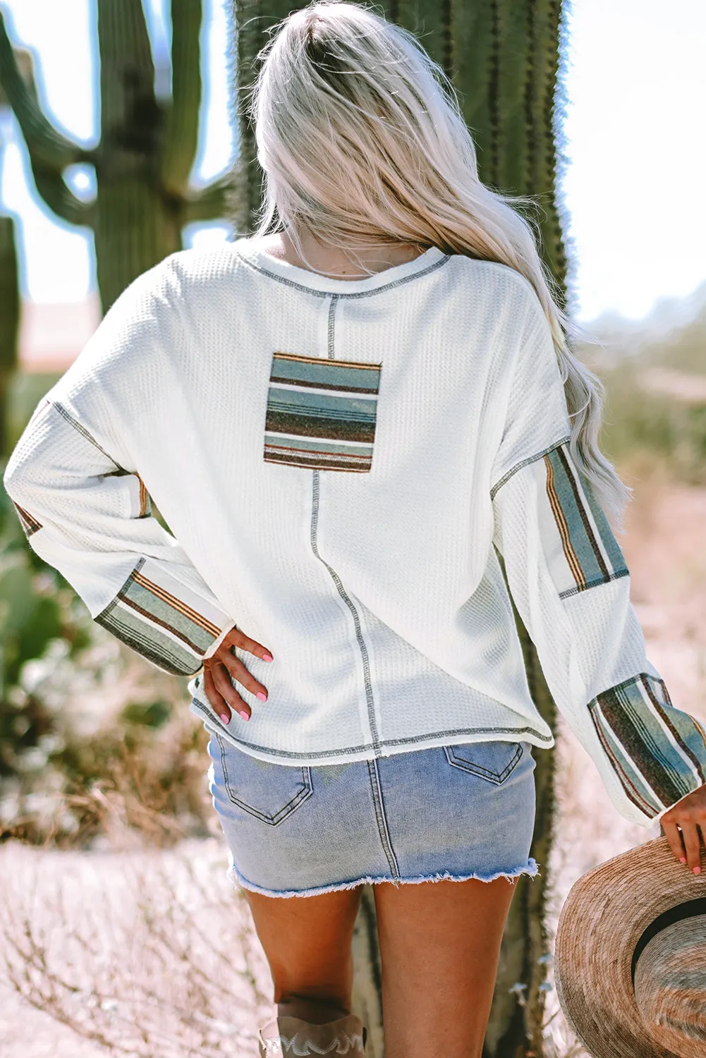 Striped Exposed Seam Waffle Knit Top